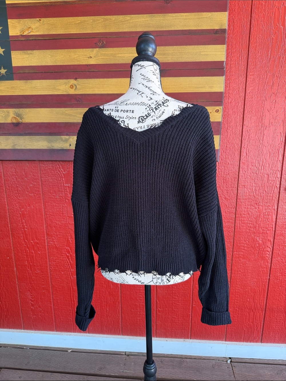 miami Off-the-Shoulder Black V-Neck Knit Sweater - Picture 3 of 3